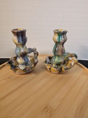 Williamsburg Handmade Drip Glaze Pottery Chamber Candle Candlestick Holders Pair